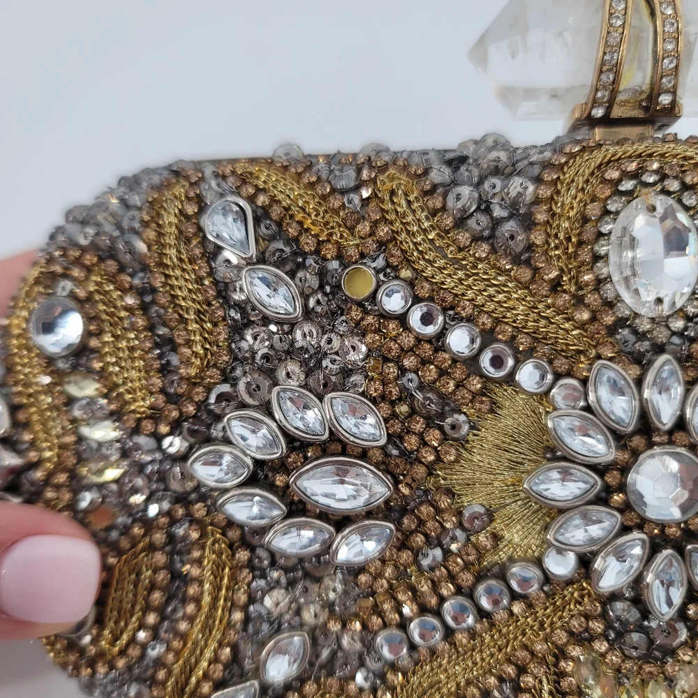 Marchesa Crystal Embellished Gold Evening Clutch with Strap and Dustbag